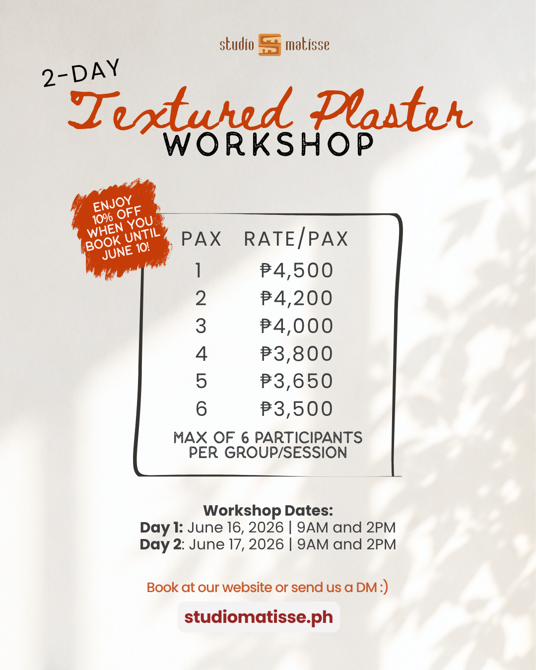 June 16 & 17 | NEW Workshop Alert! ‼️ 2-day Textured Plaster Workshop 🎨🖌️ 10% off until June 10!